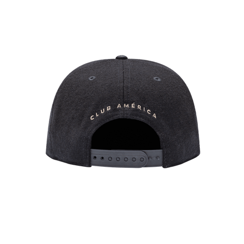 Club America Prep Snapback Hat with structured high 6-panel crown in melton wool, flat peak PU leather brim, front embroidered wool backed applique patch with merrowed edges, back embroidered club name, in navy.