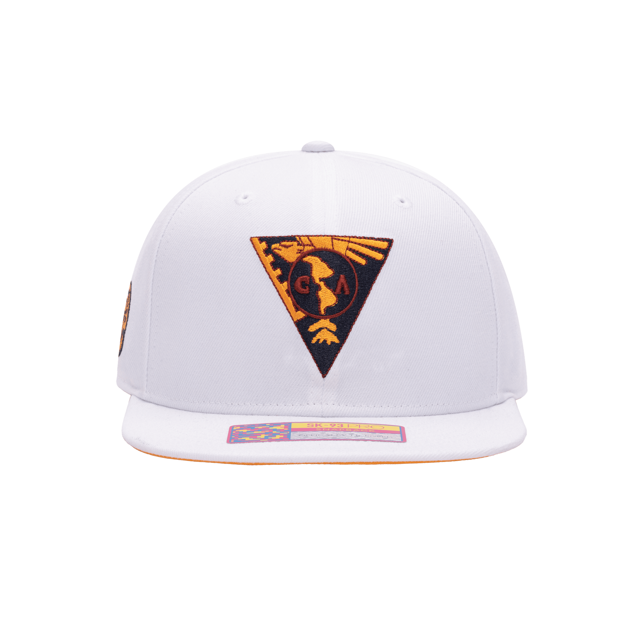 Front view of the Club America 105th Anniversary Retro Snapback with high crown, flat peak, and snapback closure, in White.