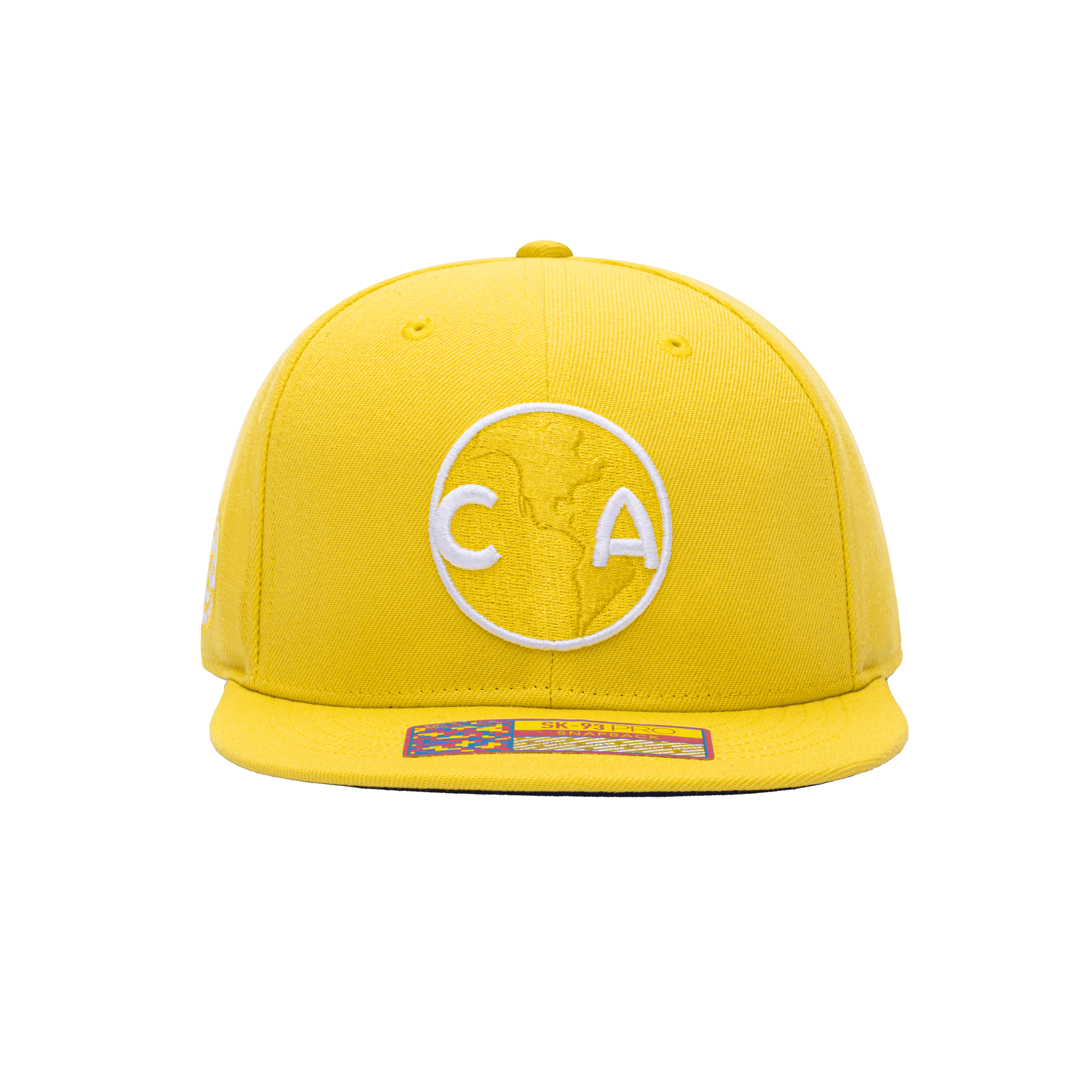 Front view of the Club America 105th Anniversary Retro Snapback with high crown, flat peak, and snapback closure, in Yellow.