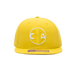 Front view of the Club America 105th Anniversary Retro Snapback with high crown, flat peak, and snapback closure, in Yellow.