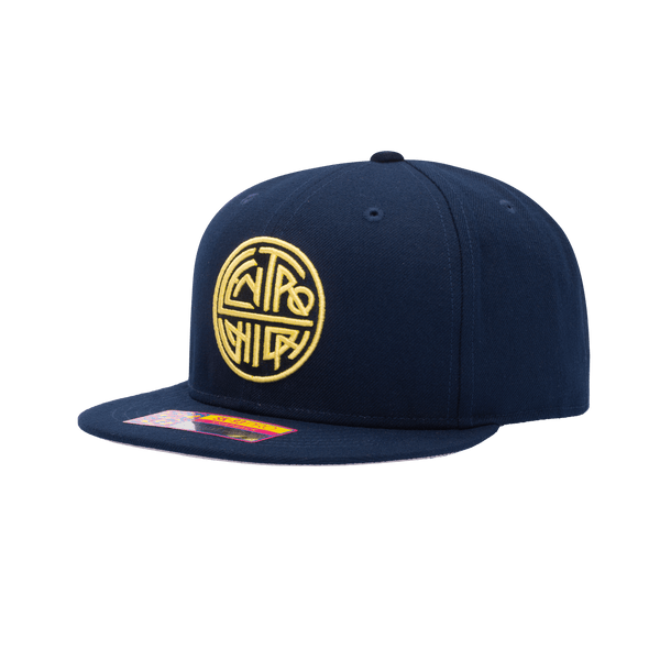 Side view of the Club America 105th Anniversary Retro Snapback with high crown, flat peak, and snapback closure, in Navy.