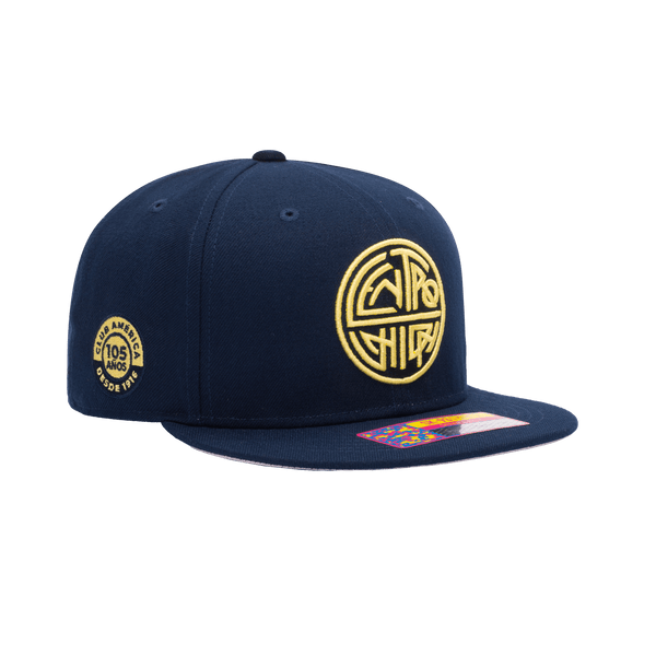 Side view of the Club America 105th Anniversary Retro Snapback with high crown, flat peak, and snapback closure, in Navy.