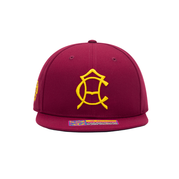 Front view of the Club America 105th Anniversary Retro Snapback with high crown, flat peak, and snapback closure, in Burgundy.