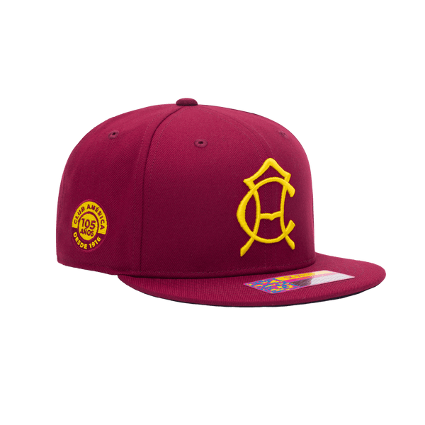 Side view of the Club America 105th Anniversary Retro Snapback with high crown, flat peak, and snapback closure, in Burgundy.