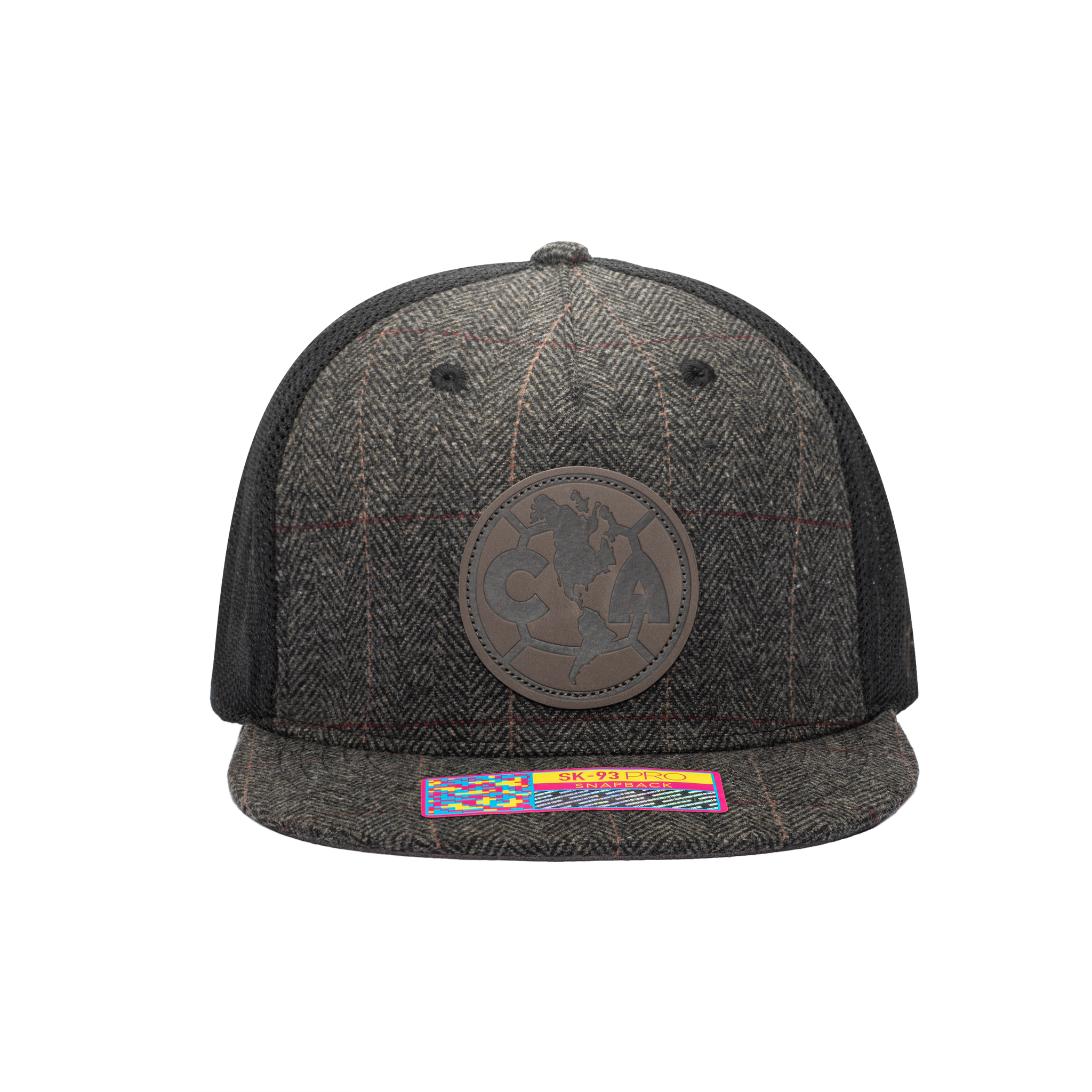 Front view of the Club America Sherlock Snapback in brown tweed with black panels.