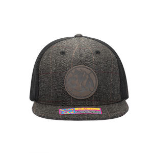 Front view of the Club America Sherlock Snapback in brown tweed with black panels.