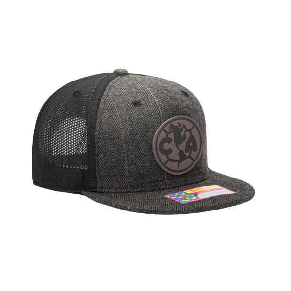 Side view of the Club America Sherlock Snapback in brown tweed with black panels.