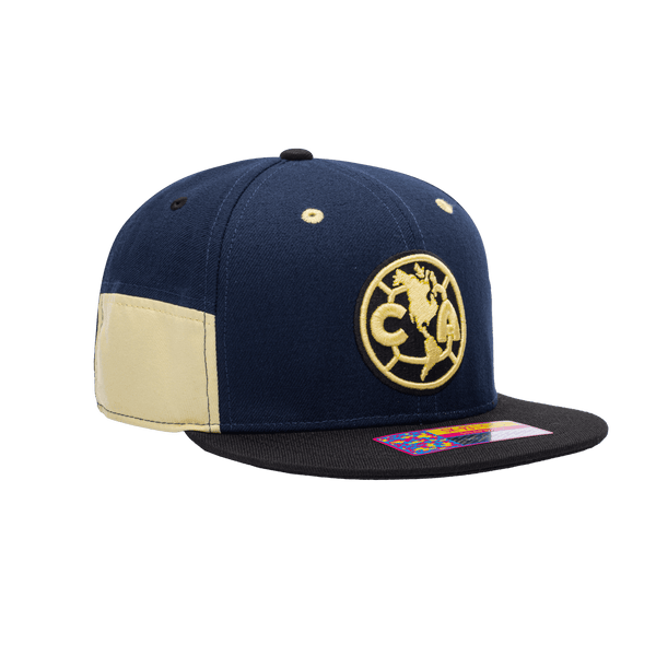 Side view of the Club America Truitt Snapback with high crown, flat peak, and snapback closure, in Navy/Yellow.