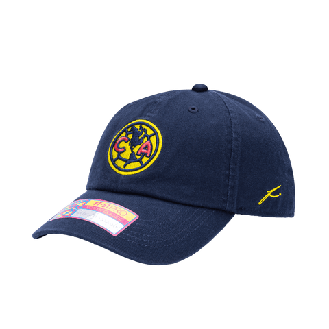 View of left side of blue Club America Bambo Kids Classic with Fi branded stitching