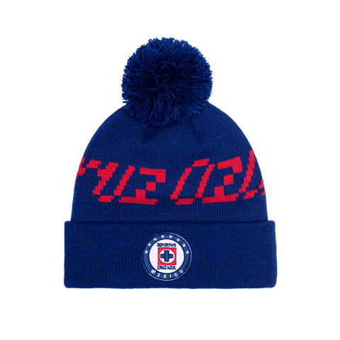 Cruz Azul Pixel Beanie with embroidered club logo on ribbed ruff, club name knitted in hat body, and pom detailing, in Blue.