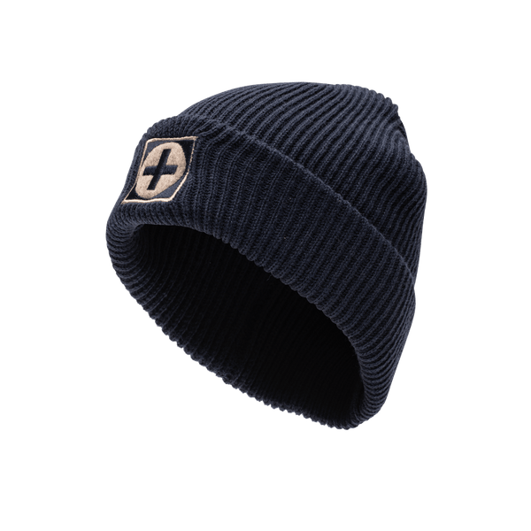 Cruz Azul Ivy Beanie in thick, wool blend knit, front embroidered wool backed applique patch with merrowed edges, in navy.