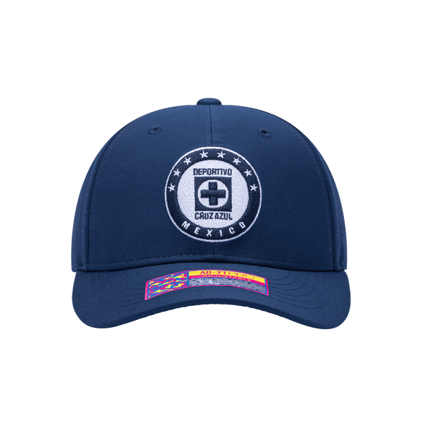 Front view of the Cruz Azul Hit Adjustable hat with mid constructured crown, curved peak brim, and slider buckle closure, in Navy.