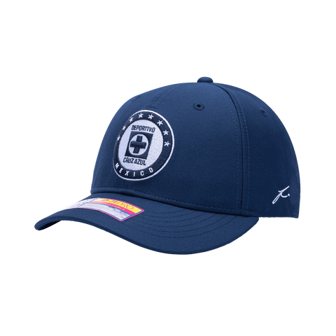 Side view of the Cruz Azul Hit Adjustable hat with mid constructured crown, curved peak brim, and slider buckle closure, in Navy.