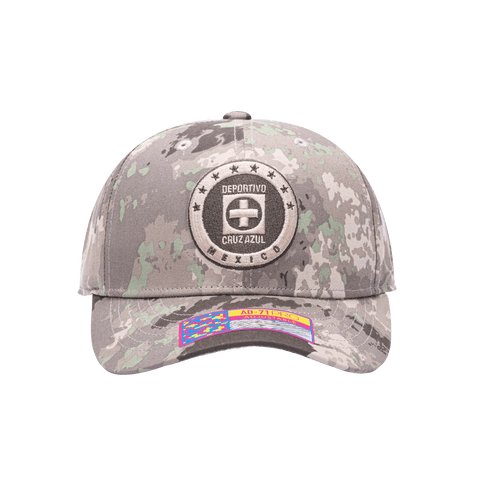 Front view of the Cruz Azul Sweeper Adjustable hat with mid constructured crown, curved peak brim, and slider buckle closure, in brown camo print.