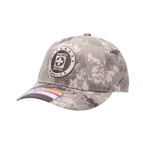 Side view of the Cruz Azul Sweeper Adjustable hat with mid constructured crown, curved peak brim, and slider buckle closure, in brown camo print.