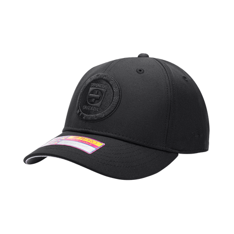 Side view of the Cruz Azul Dusk Adjustable hat with mid constructured crown, curved peak brim, and slider buckle closure, in Black.