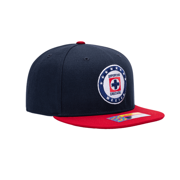 Side view of the Cruz Azul Team Snapback with high structured crown, flat peak brim, and snapback closure, in Navy/Red.