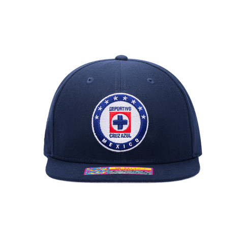 Front view of the Cruz Azul Dawn Snapback with high structured crown, flat peak brim, and snapback closure, in Navy.