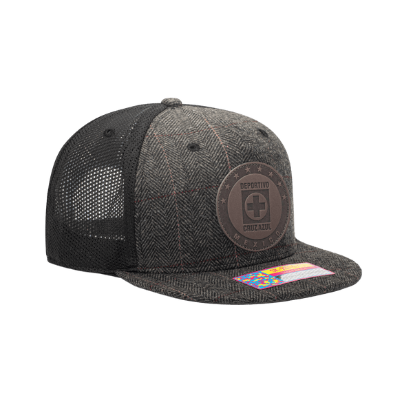 Side view of the Cruz Azul Sherlock Snapback with high crown, flat peak, and snapback closure, in Grey/Black