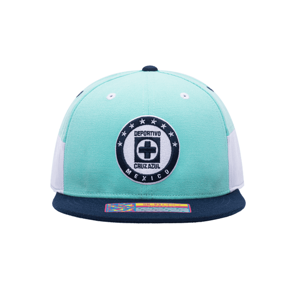 Front view of the Cruz Azul Truitt Snapback with high crown, flat peak, and snapback closure, in Teal/White.