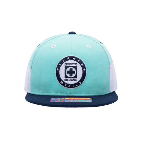 Front view of the Cruz Azul Truitt Snapback with high crown, flat peak, and snapback closure, in Teal/White.