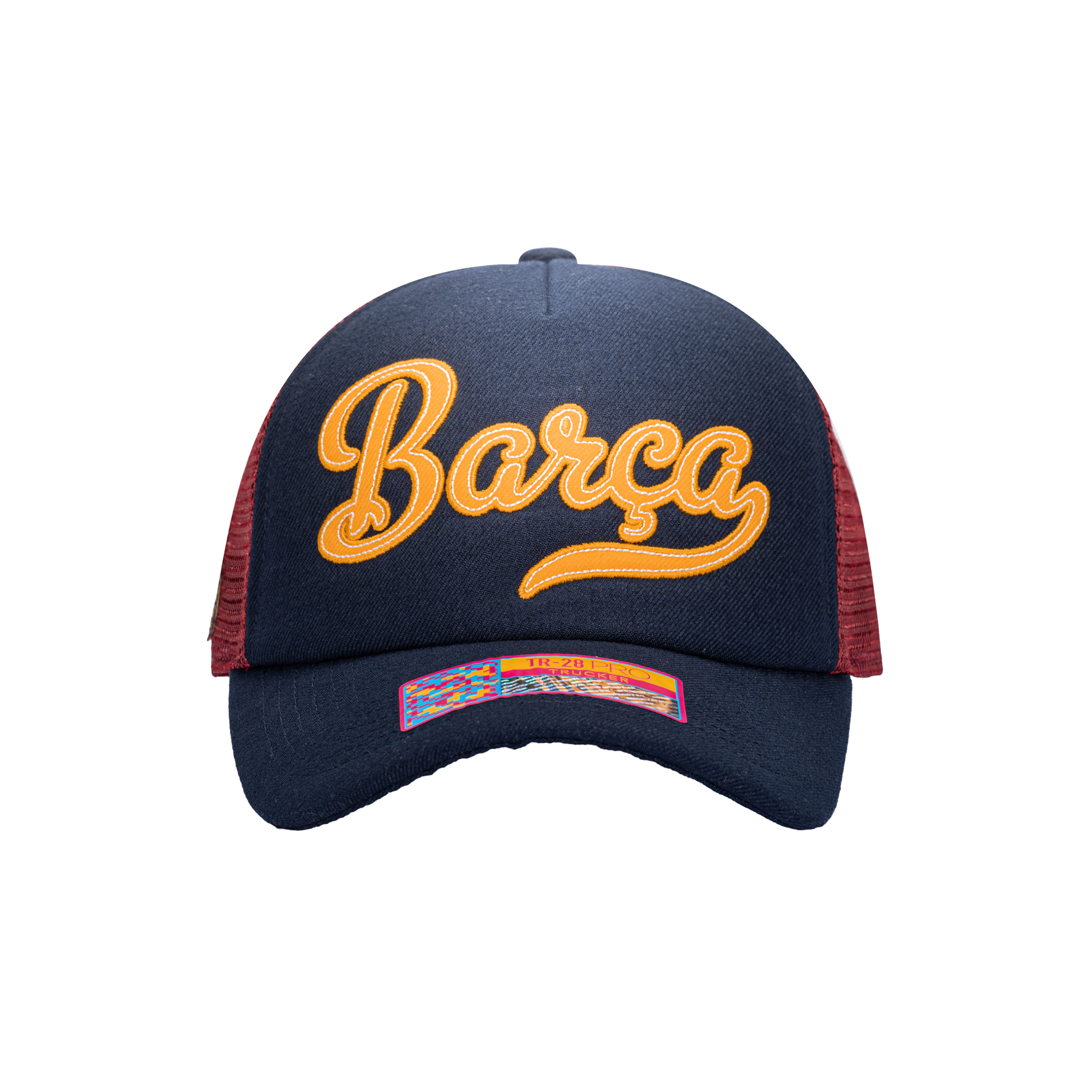 Blue Yellow Red FC Barcelona Script Stop Trucker with Blue bill, blue button and maroon back panels