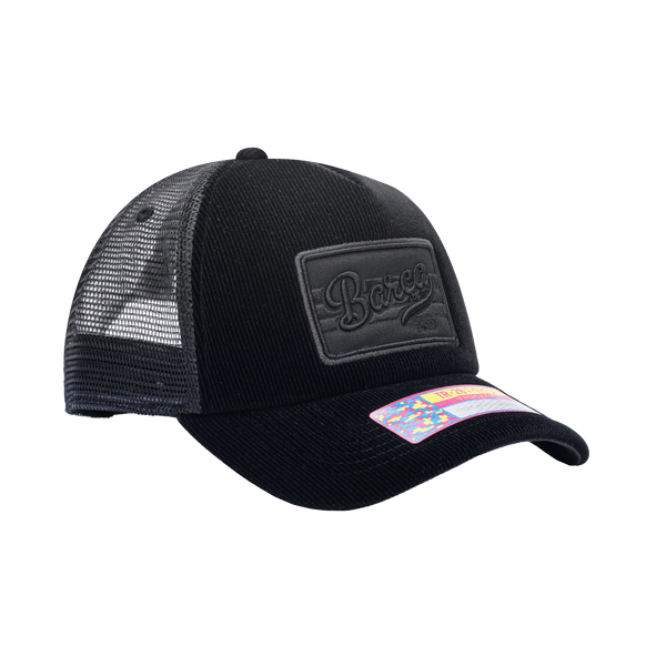 Side view of the FC Barcelona Signature Trucker with high crown, curved peak, and snapback closure on mesh back, in black.