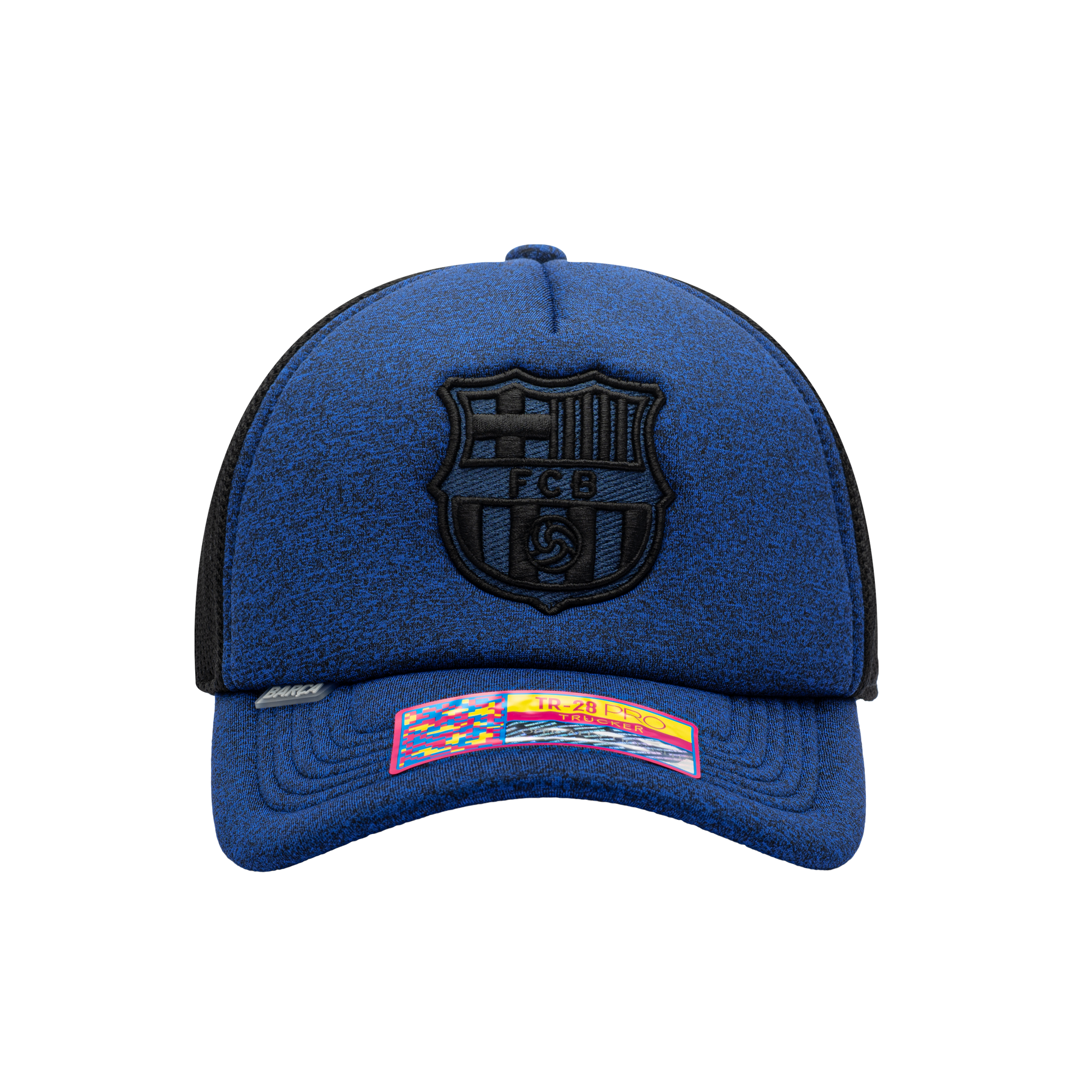 Front view of the FC Barcelona Dribbling Trucker Hat in Navy/White, with high crown, curved peak, mesh back and snapback closure.