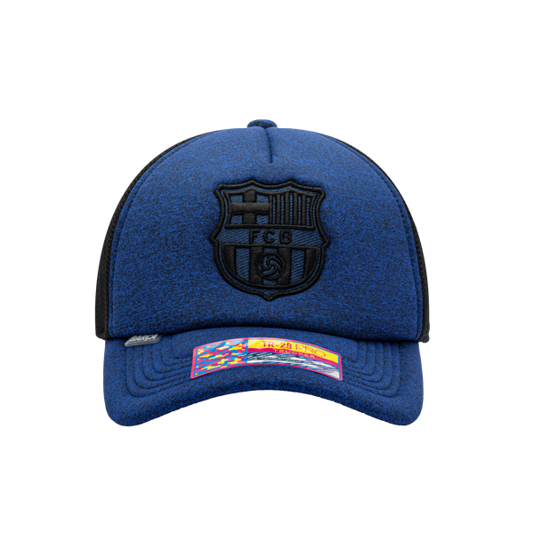 Front view of the FC Barcelona Dribbling Trucker Hat in Navy/White, with high crown, curved peak, mesh back and snapback closure.