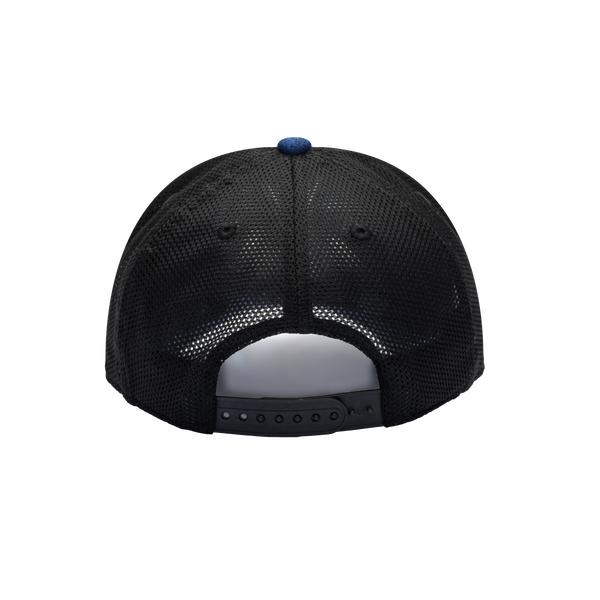 Back view of the FC Barcelona Dribbling Trucker Hat in Navy/White, with high crown, curved peak, mesh back and snapback closure.