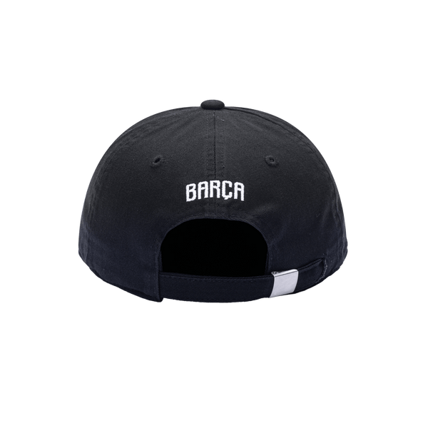 Back view of the FC Barcelona Hit Classic hat with low unstructured crown, curved peak brim, and buckle closure, in black.