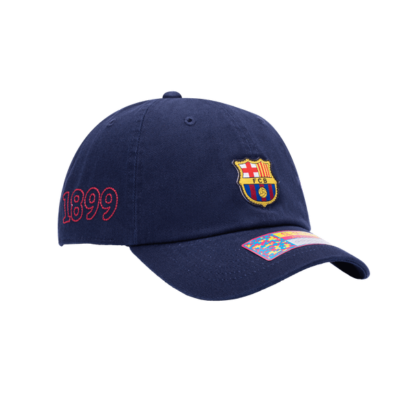 Side view of the FC Barcelona Safari Classic Adjustable with low crown, curved brim, and adjustable strap, in Navy.