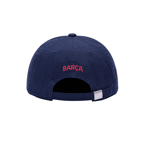 Back view of the FC Barcelona Safari Classic Adjustable with low crown, curved brim, and adjustable strap, in Navy.