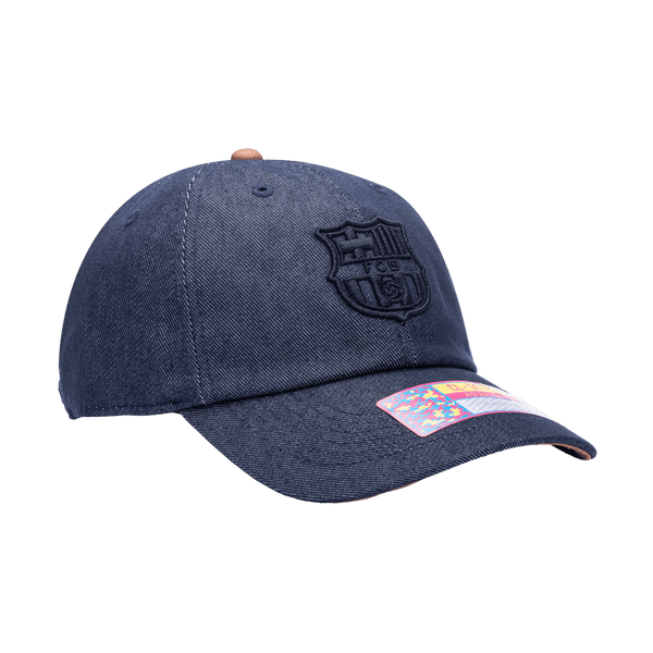 Side view of the FC Barcelona Pegasus Classic hat with low unstructured crown, curved peak brim, and buckle closure, in blue.