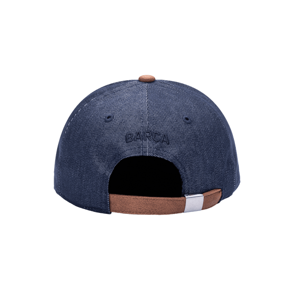 Back view of the FC Barcelona Pegasus Classic hat with low unstructured crown, curved peak brim, and buckle closure, in blue.