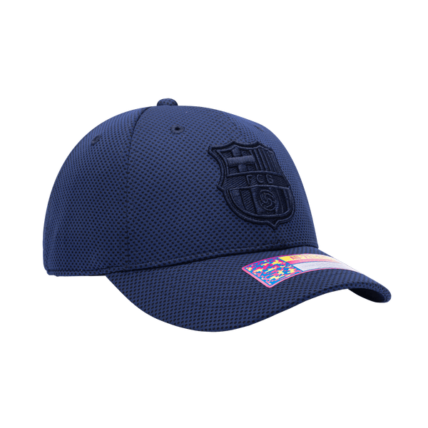 Side view of the FC Barcelona Trophy Adjustable hat with mid constructured crown, curved peak brim, and slider buckle closure, in Navy.