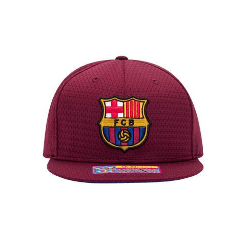 Front view of the FC Barcelona Practice Snapback with high structured crown, flat peak brim, and snapback closure, in Burgundy.