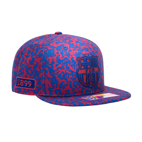 View of right side of FC Barcelona Notebook Snapback with year team was founded on the side