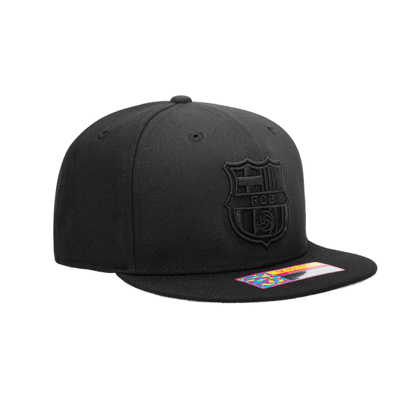 Side view of the FC Barcelona Dusk Snapback with high crown, flat peak, and snapback closure, in Black