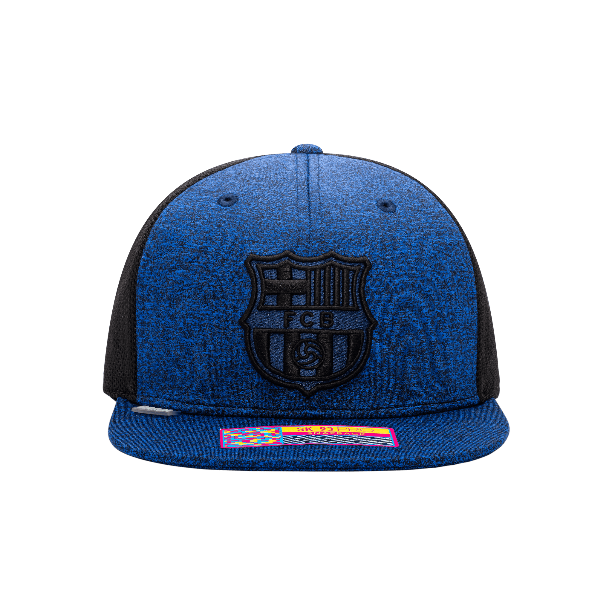 Front view of the FC Barcelona Dribbling Snapback with high crown, flat peak, and snapback closure, in Navy/Black