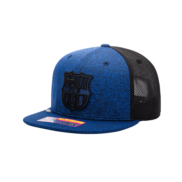 Side view of the FC Barcelona Dribbling Snapback with high crown, flat peak, and snapback closure, in Navy/Black