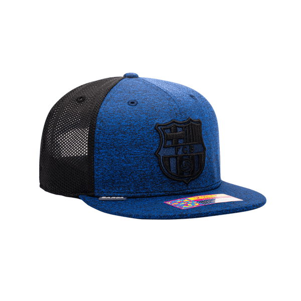 Side view of the FC Barcelona Dribbling Snapback with high crown, flat peak, and snapback closure, in Navy/Black