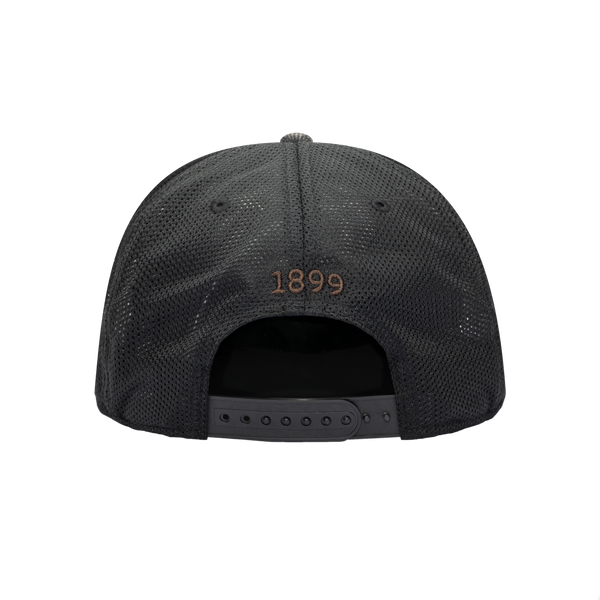 Back view of the FC Barcelona Sherlock Snapback in brown tweed and black panels, with high crown and flat peak.