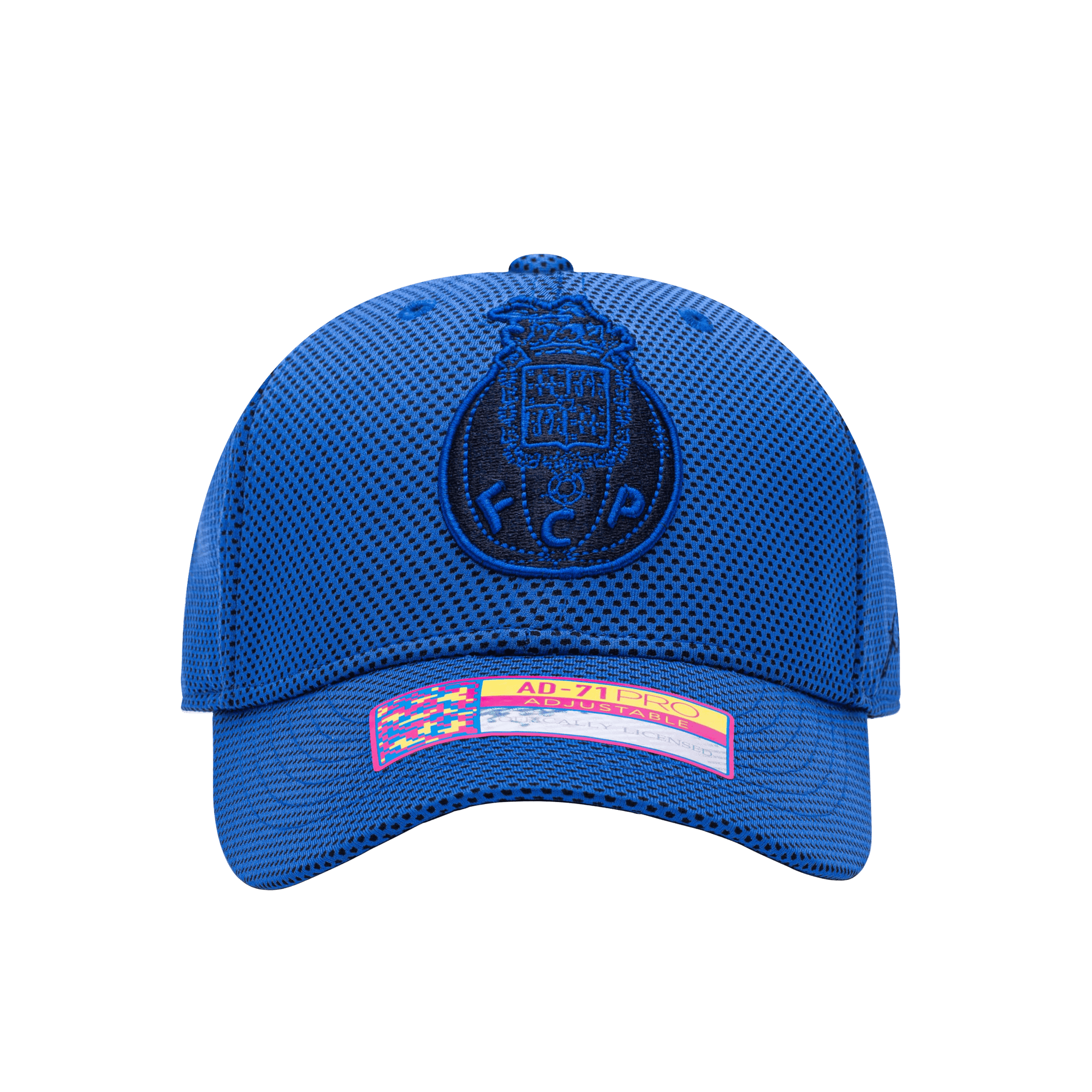 Front view of the FC Porto Trophy Adjustable hat with mid constructured crown, curved peak brim, and slider buckle closure, in Blue.