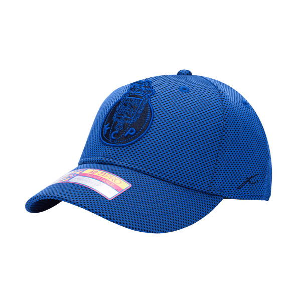 Side view of the FC Porto Trophy Adjustable hat with mid constructured crown, curved peak brim, and slider buckle closure, in Blue.