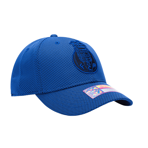 Side view of the FC Porto Trophy Adjustable hat with mid constructured crown, curved peak brim, and slider buckle closure, in Blue.