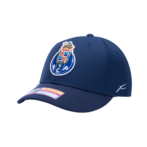 Side view of the FC Porto Trigger Adjustable hat with mid constructured crown, curved peak brim, and slider buckle closure, in Navy.