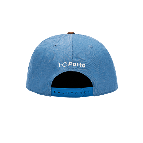 Back view of the FC Porto Orion Snapback with high structured crown, flat peak suede-like brim, and snapback closure, in Blue/Brown.