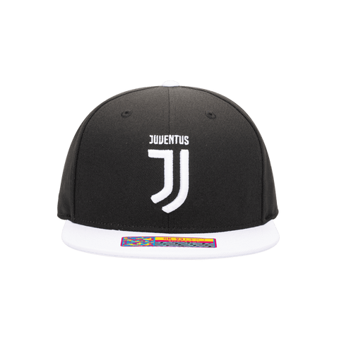 Front view of the Juventus Team Snapback with high crown, flat peak, and snapback closure, in Black/White