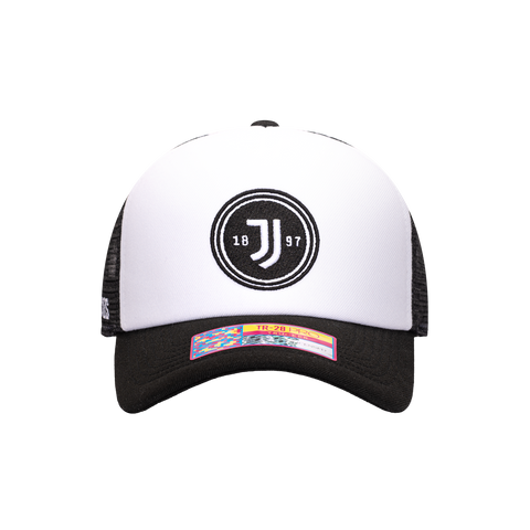 Black White Juventus Script Stop Trucker with black bill, black back panels, and black button on top with white in front